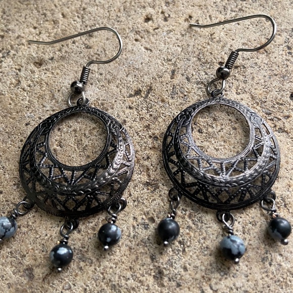 Gun Metal and Gemstone Earrings - Picture 2 of 2